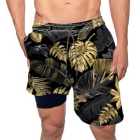 Mens Swim Trunks 9" Inseam Board Shorts Beach Swimwear Bathing Suit with Compression Lined and Pockets - Golden Palm