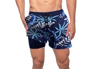 Mens Blue Camouflage Print 5.5" Inseam Board Shorts with Compression Liner and Pockets