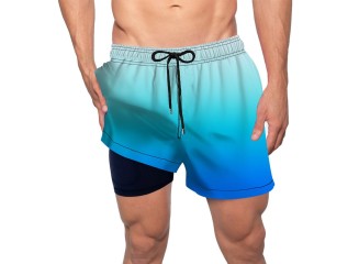 Mens Blue Faded 5.5" Inseam Board Shorts with Compression Liner and Pockets