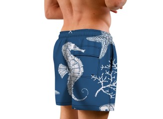 Mens Blue Starfish Print 5.5" Inseam Board Shorts with Compression Liner and Pockets
