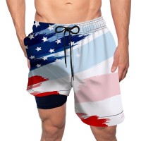 Mens Spangled Banner Print 9" Inseam Board Shorts with Compression Liner and Pockets