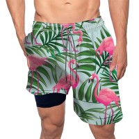 Mens Swim Trunks 9" Inseam Board Shorts Beach Swimwear Bathing Suit with Compression Lined and Pockets - Flamingo